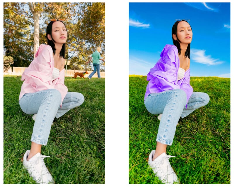 A woman in a casual outfit sits on green grass; on the left, her shirt is pink with a person and dog in the background, and on the right, her shirt is purple with a clear blue sky and no background figures.