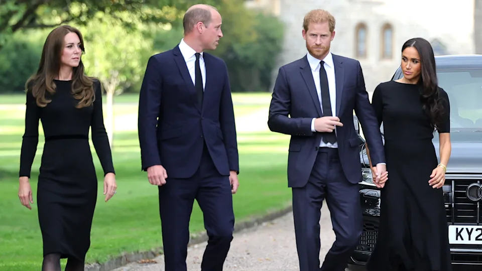 Catherine, Princess of Wales, Prince William, Prince of Wales, Prince Harry, Duke of Sussex, and Meghan, Duchess of Sussex on the long Walk at Windsor Castle
