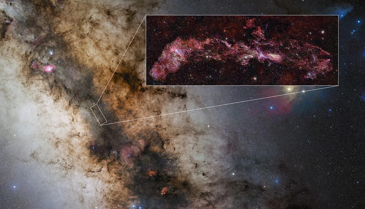 The location of an image of the Central Molecular Zone at the centre of the Milk Way, captured by the Atacama Large Millimeter/submillimeter Array. Credit: ALMA(ESO/NAOJ/NRAO)/S. Longmore et al. Background: ESO/D. Minniti et al.