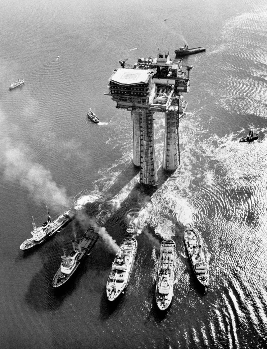 An oil platform is transported from Stavanger, Norway, to the Brent oil and gas field in the North Sea on August 5, 1975.