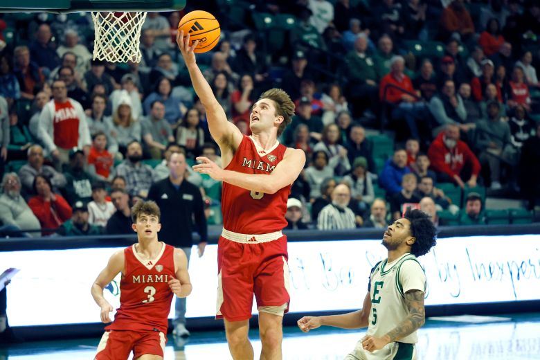 Miami guard Peter Suder drives to the basket during a game at Eastern Michigan in February.