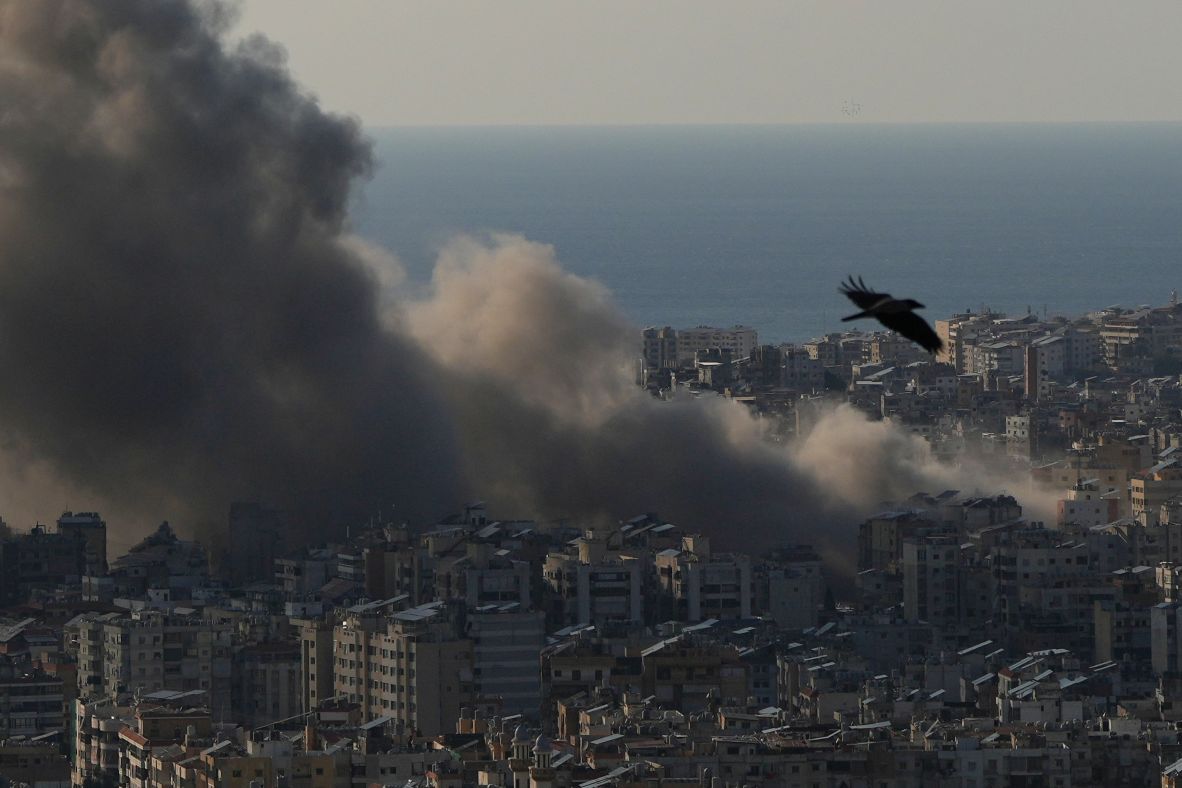Smoke rises following Israeli airstrikes on Dahiyeh, Lebanon, a southern suburb of Beirut, on Monday.