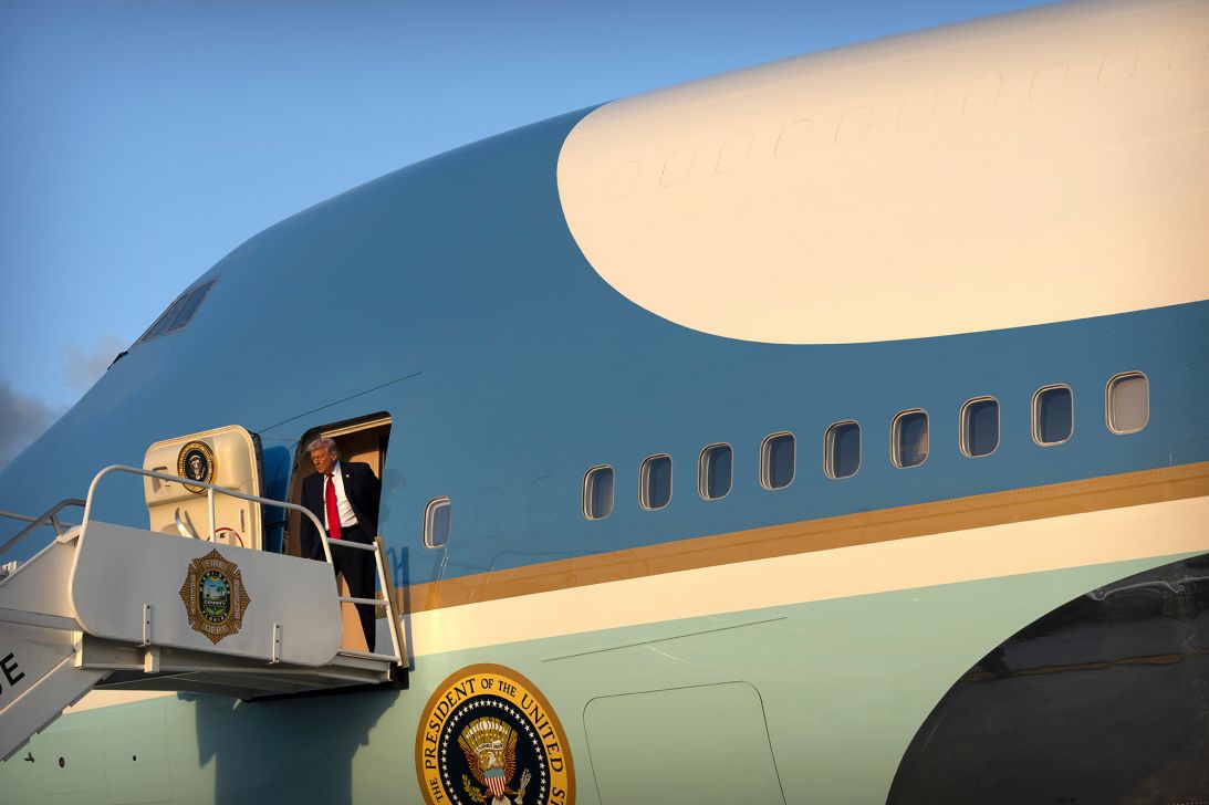 President Donald Trump steps off Air Force One, Saturday, March 7, 2026, at Miami International Airport.