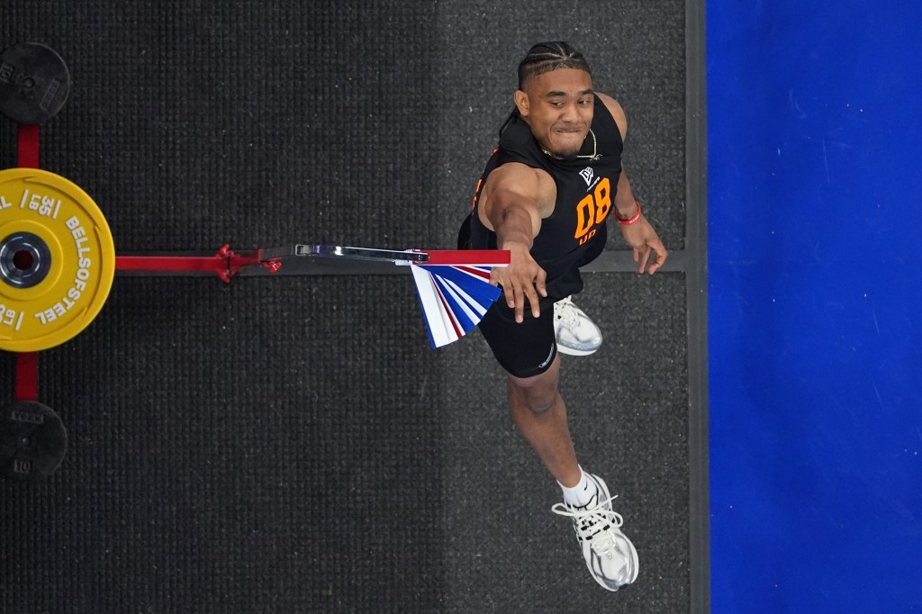 Arkansas quarterback Taylen Green goes through drills and testing at the NFL football scouting combine in Indianapolis, Saturday, Feb. 28, 2026. 