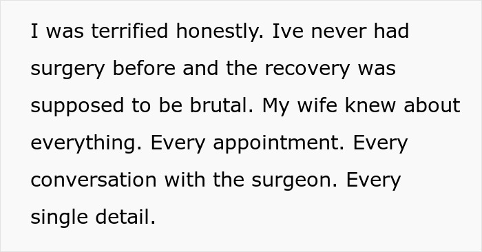 Text excerpt describing a husband's fear of surgery while his wife supports a coworker during his recovery.
