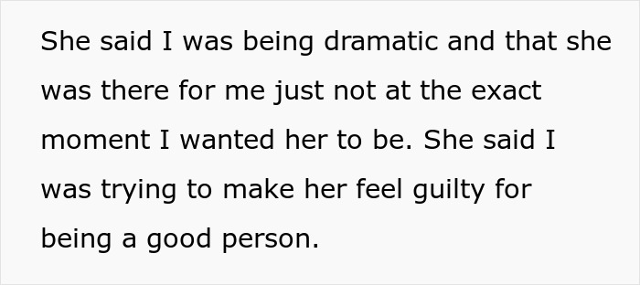 Text excerpt discussing feelings of guilt and support in a situation where wife misses hubby's surgery for coworker divorce.