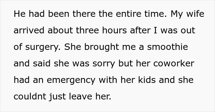 Text showing a personal story about a wife missing her hubby’s surgery to support a coworker going through a divorce.