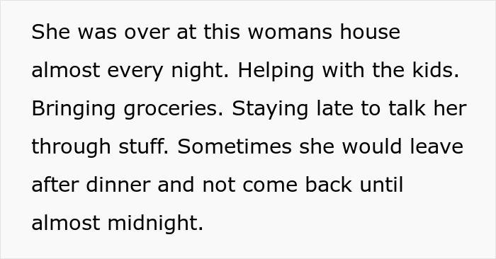 Text describing a wife supporting a coworker through a divorce while missing her hubby’s surgery, leading him to leave.