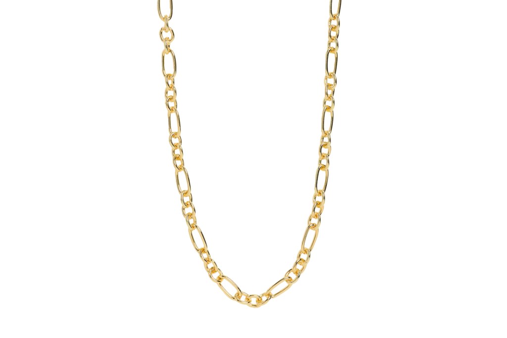 Gold chain necklace with alternating oval and elongated links.