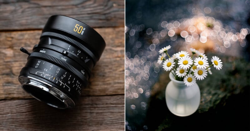 Split image: Left side shows a 50mm camera lens on a wooden surface; right side displays a small bouquet of white daisies in a frosted vase with a dreamy, blurred bokeh background.