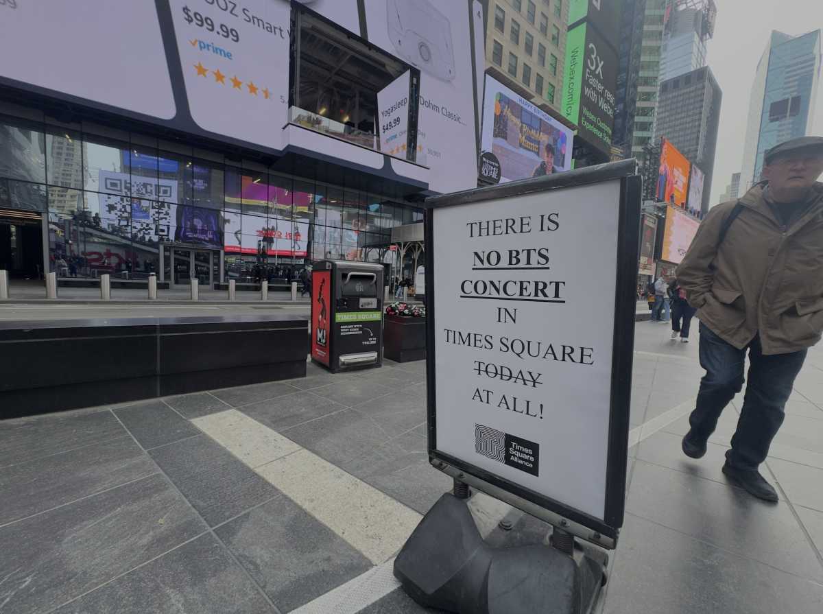 ‘I felt judged:’ BTS fans slam Fallon Show over ‘traumatizing’ taping experience 7 a sign that reads There is no BTS concert in Times Square at all