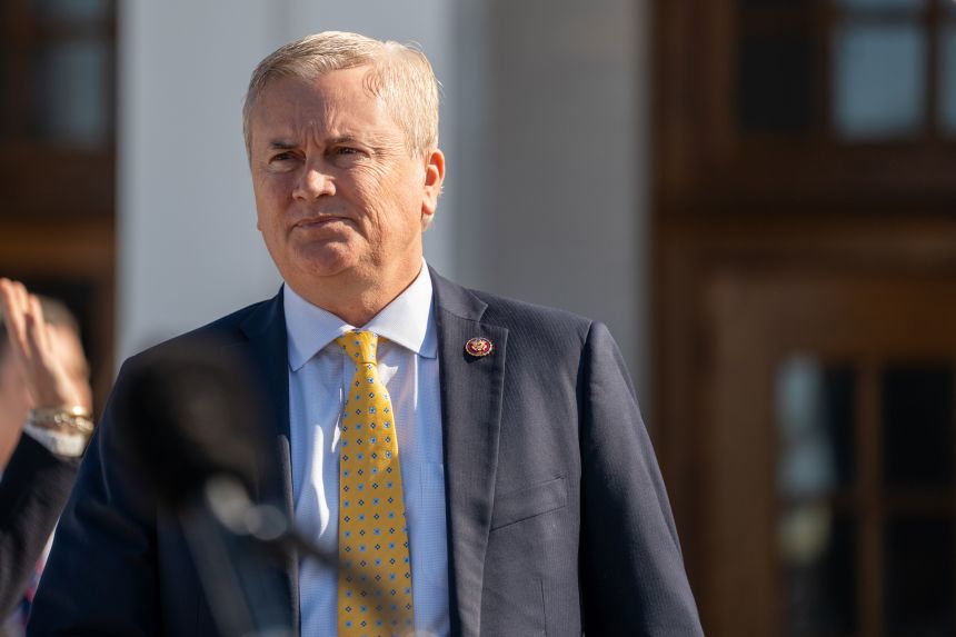 Chairman of the House Oversight and Accountability Committee Rep. James Comer steps out to speak to the media prior to a closed-door deposition with former US Secretary of State Hillary Clinton on February 26, in Chappaqua, New York.