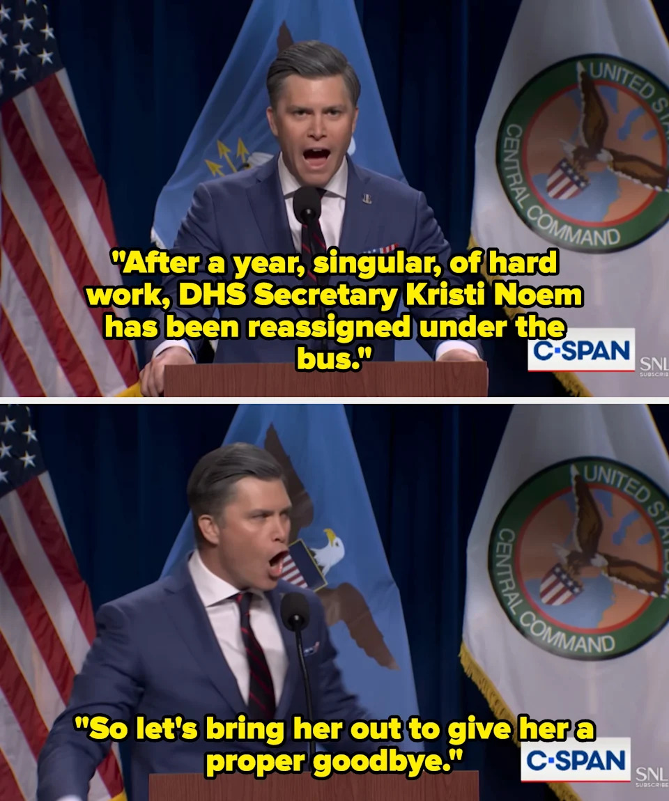 Person in a suit passionately speaking at a podium with flags in the background