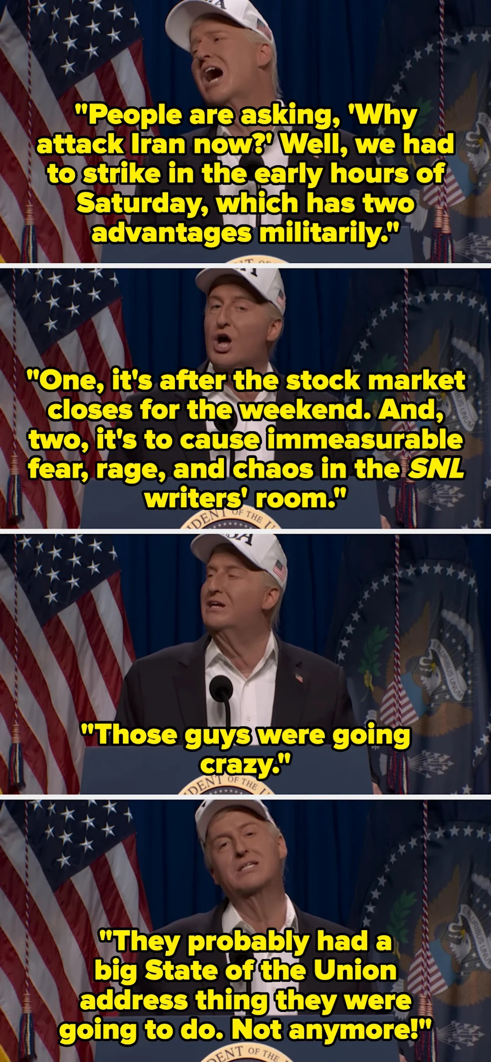 A person delivering a comedic monologue, referencing the effects on an "SNL writers' room" during a sketch or show scene