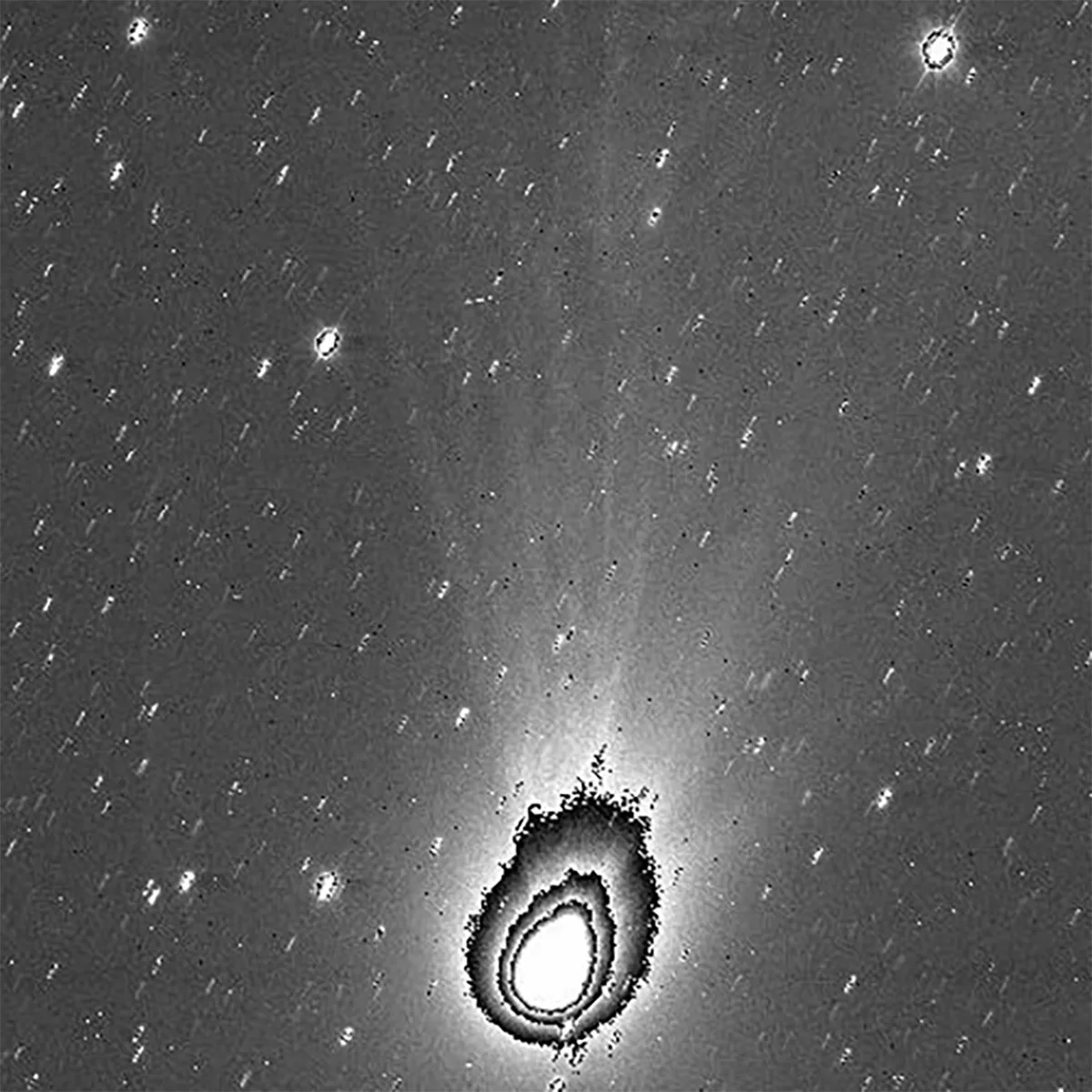 Image of comet 3I/ATLAS on 6 November 2025, captured by ESA's Juice spacecraft's JANUS science camera. Processed to reveal the structure of the comet's coma. Credit: ESA/Juice/JANUS