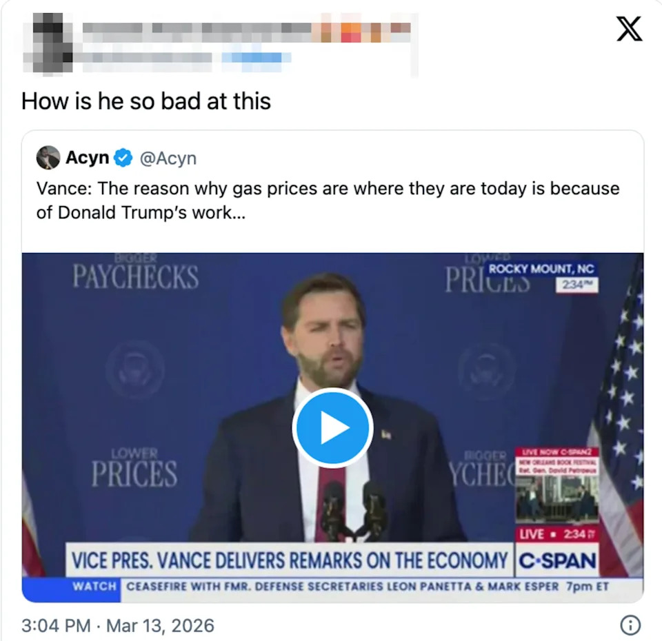 Tweet with screenshot of Vance speaking about gas prices, attributing the issue to Trump's policies, at a public event in Rocky Mount, NC