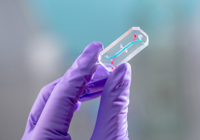 A PPE-gloved hand holds AVATAR (A Virtual Astronaut Tissue Analog Response) that uses organ chips to study the effects of space on human health.