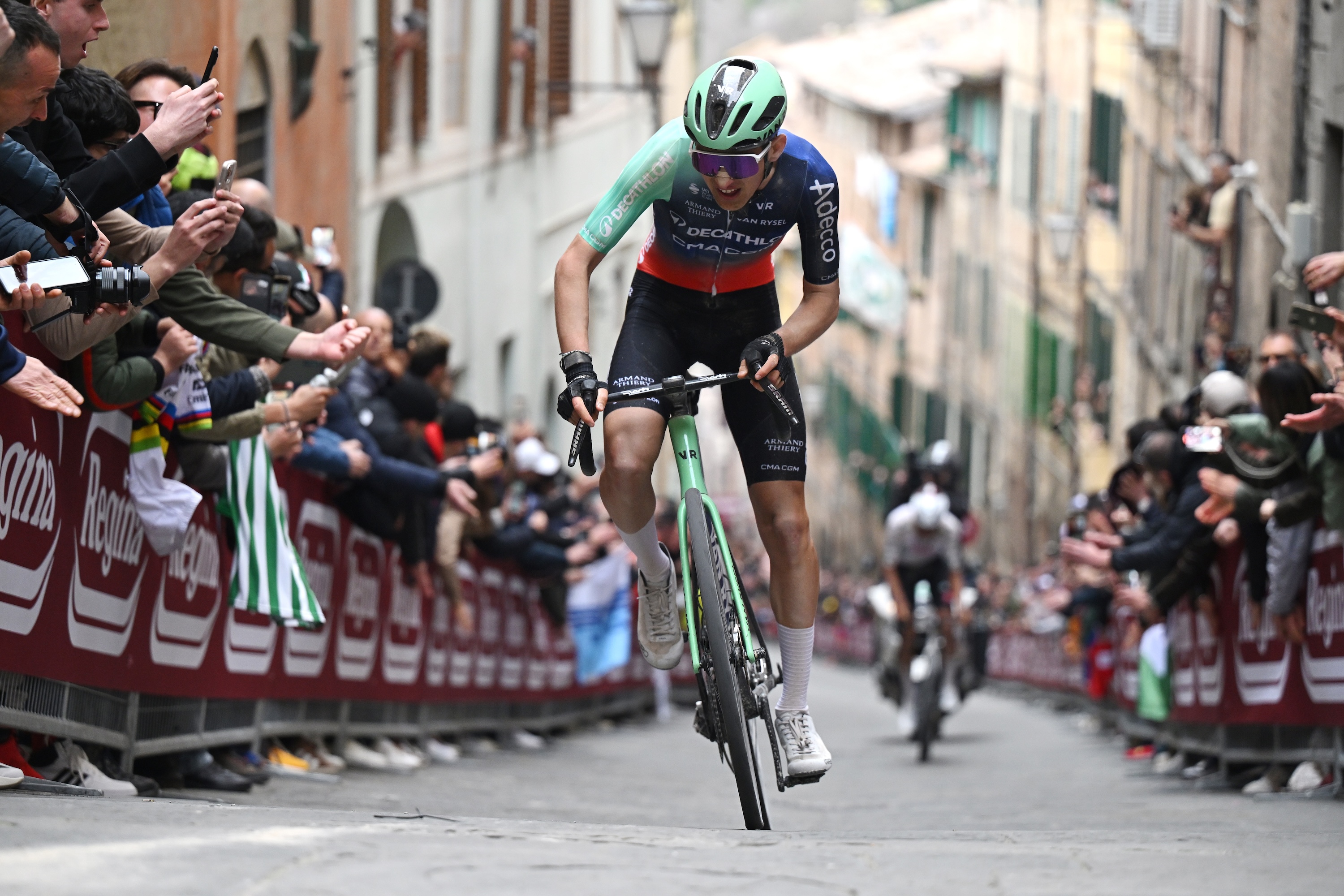 SIENA, ITALY - MARCH 07: Paul Seixas of France and Team Decathlon CMA CGM competes in the chase group during the 20th Strade Bianche 2026 a 203km one day race from Siena to Siena / #UCIWT / on March 07, 2026 in Siena, Italy. (Photo by Luc Claessen/Getty Images)