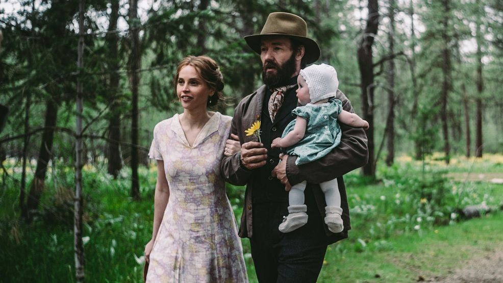 Felicity Jones (left) and Joel Edgerton (right) on the set of "Train Dreams." (Photo by D.S. Schaefer, Outlierimagery.com)