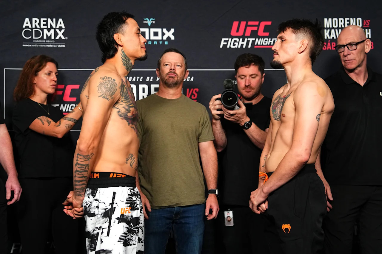 MEXICO CITY, MEXICO - FEBRUARY 27: (L-R) Cristian Quinonez of Mexico and Kris Moutinho face off during the UFC Fight Night official weigh-in at InterContinental Mexico City on February 27, 2026 in Mexico City, Mexico. (Photo by Jeff Bottari/Zuffa LLC)