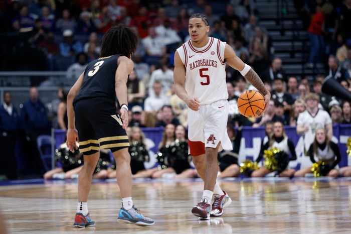 Darius Acuff Jr. dribbles the ball.