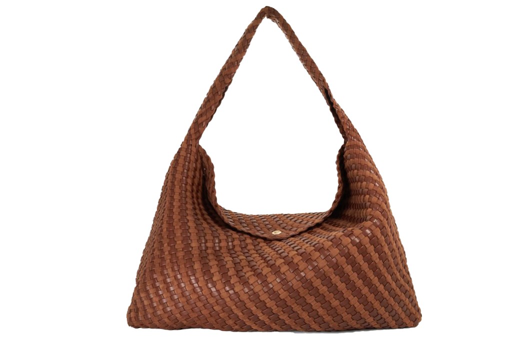 Brown braided leather handbag.