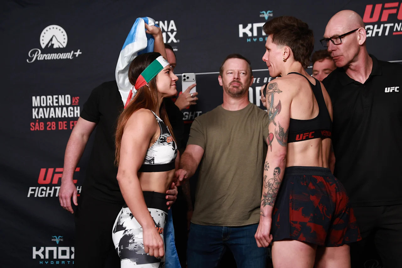 MEXICO CITY, MEXICO - FEBRUARY 27: Ailin Perez (L) and Macy Chiasson (R) face off during the UFC Fight Night official weigh-in, at the Intercontinental hotel, in Mexico City, Mexico on February 27, 2026. (Photo by Daniel Cardenas/Anadolu via Getty Images)