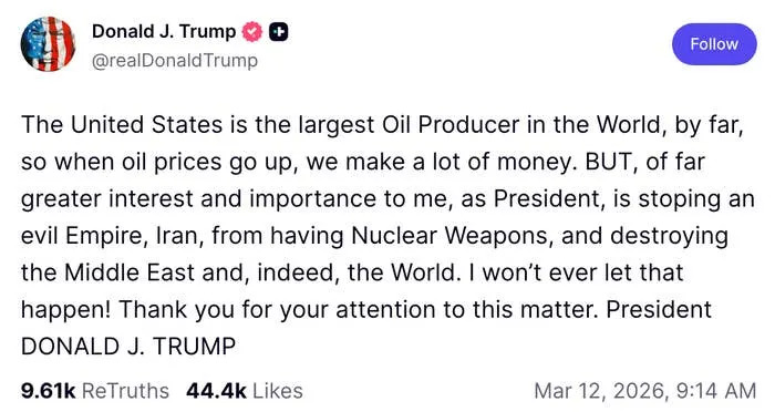 Social media post from Donald J. Trump discussing the U.S. as the largest oil producer, concerns about Iran's nuclear weapons, and Middle East stability