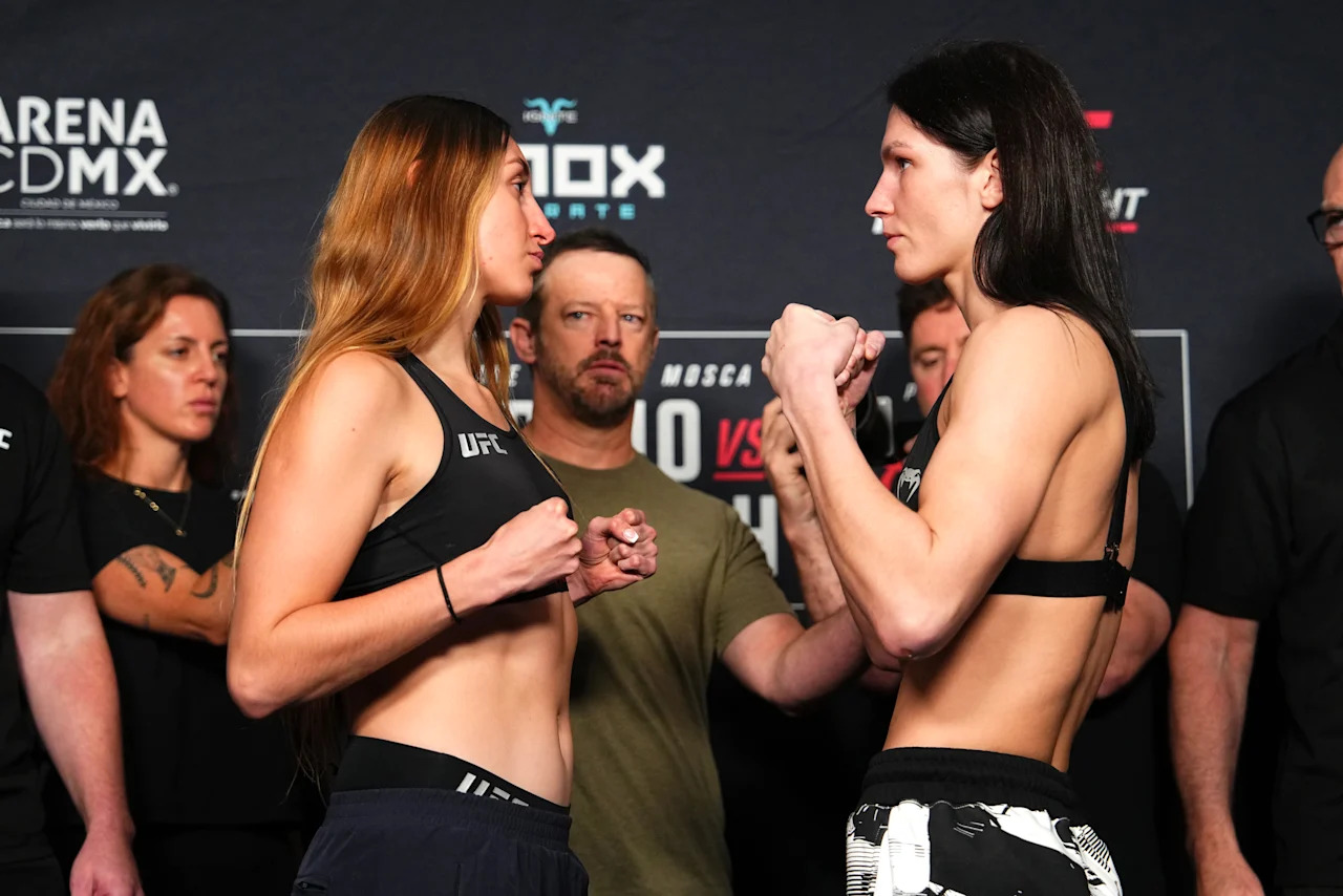 MEXICO CITY, MEXICO - FEBRUARY 27: (L-R) Regina Tarin of Mexico and Ernesta Kareckaite of Lithuania face off during the UFC Fight Night official weigh-in at InterContinental Mexico City on February 27, 2026 in Mexico City, Mexico. (Photo by Jeff Bottari/Zuffa LLC)