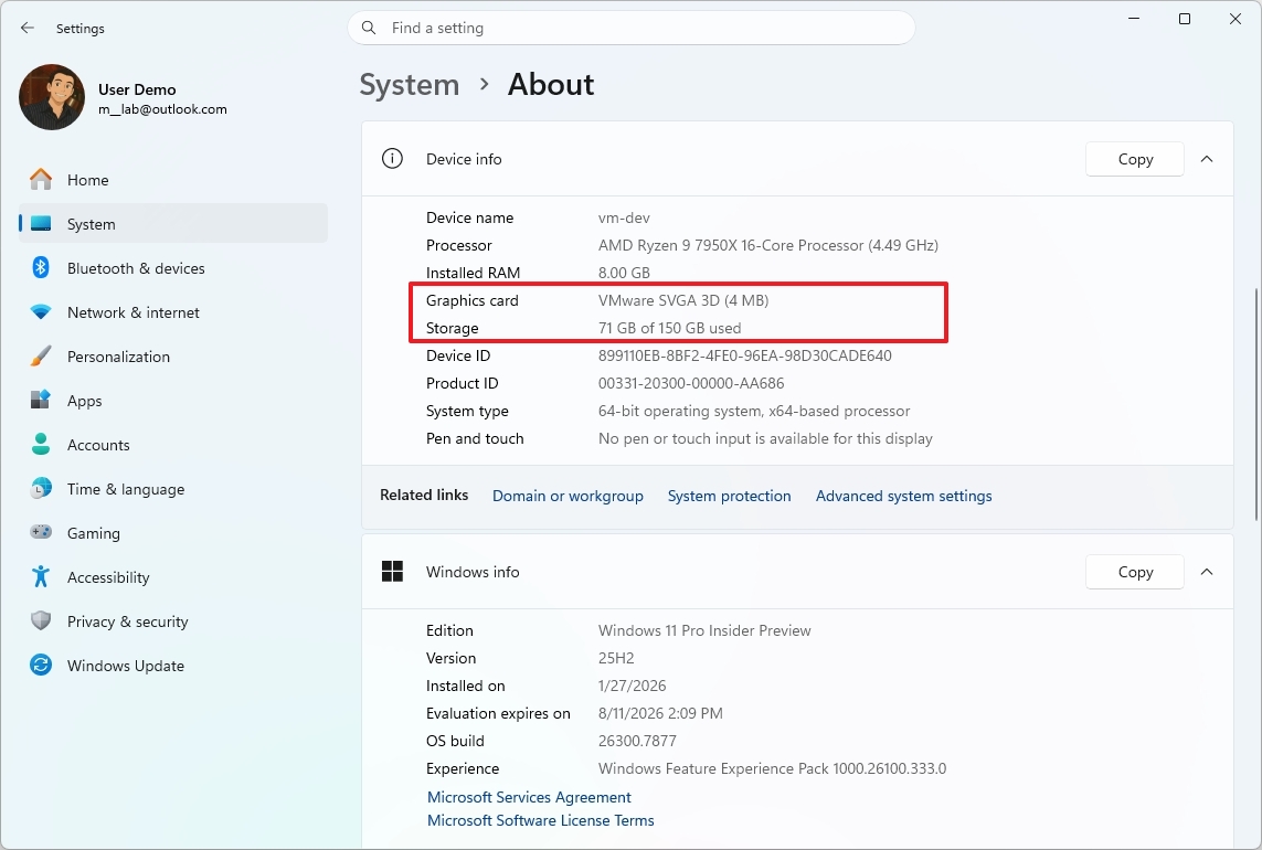 About page with GPU and Storage info