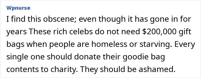 Comment criticizing $200,000 gift bags for Oscars nominees, suggesting donating contents to charity instead.