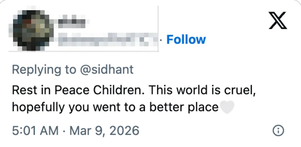 Tweet by user "ekko" expressing condolences: "Rest in Peace Children. This world is cruel, hopefully you went to a better place." Dated Mar 9, 2026