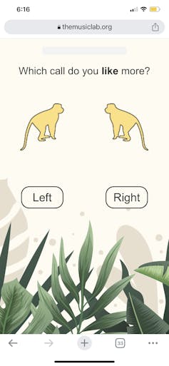 screenshot of a mobile phone with text 'which call do you like more?' and a 'left' and 'right' button to click