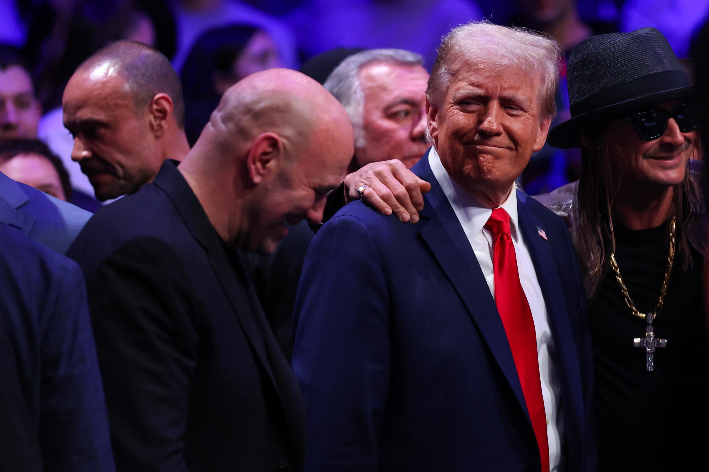 NEW YORK, NEW YORK - NOVEMBER 16: President-elect Donald Trump shakes hands with Dana White during the UFC 309 event at Madison Square Garden on November 16, 2024 in New York City. (Photo by Sarah Stier/Getty Images)