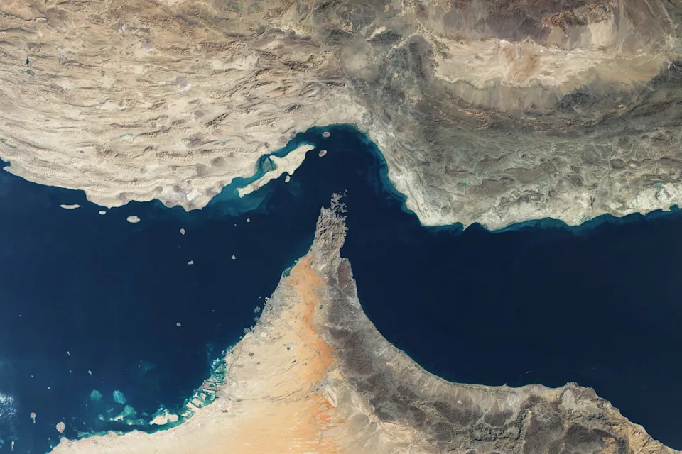 A satellite view of the Strait of Hormuz.