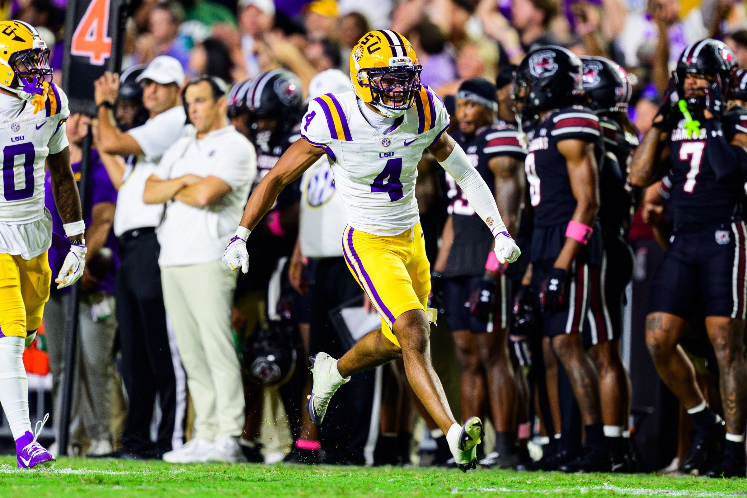 BATON ROUGE, LA - OCTOBER 11: Mansoor Delane #4 of the LSU Tigers in action against the South Carolina Gamecoks on October 11, 2025 at Tiger Stadium in Baton Rouge, Louisiana. (Photo by Mitchell Scaglione/LSU/University Images via Getty Images)