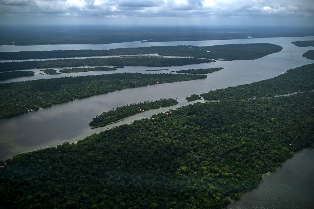 An aerial view of the Amazon rainforest by the Tocantins River in Cameta, Brazil, near the Amazon River's estuary.