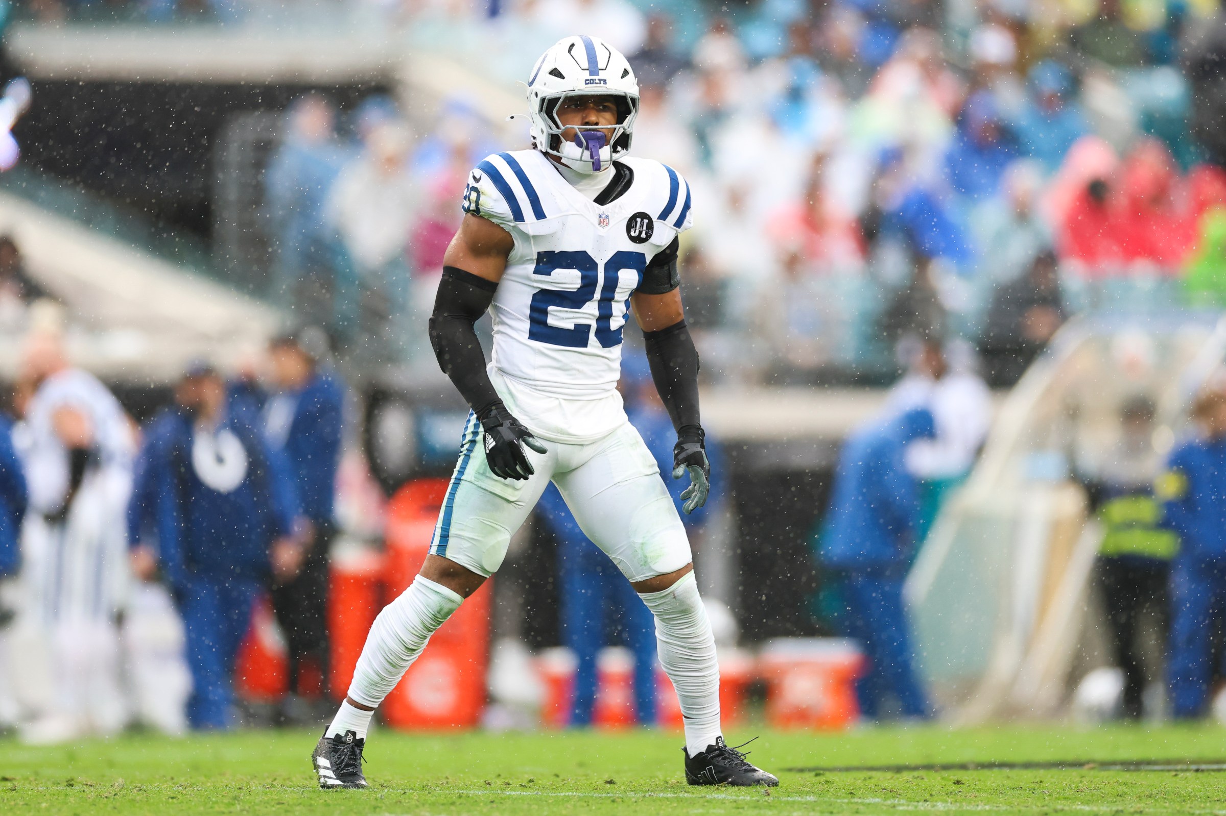 JACKSONVILLE, FLORIDA - DECEMBER 7: Nick Cross #20 of the Indianapolis Colts in coverage during an NFL 2025 game against the Jacksonville Jaguars at Everbank Stadium on December 7, 2025 in Jacksonville, Florida. (Photo by Logan Bowles/Getty Images)