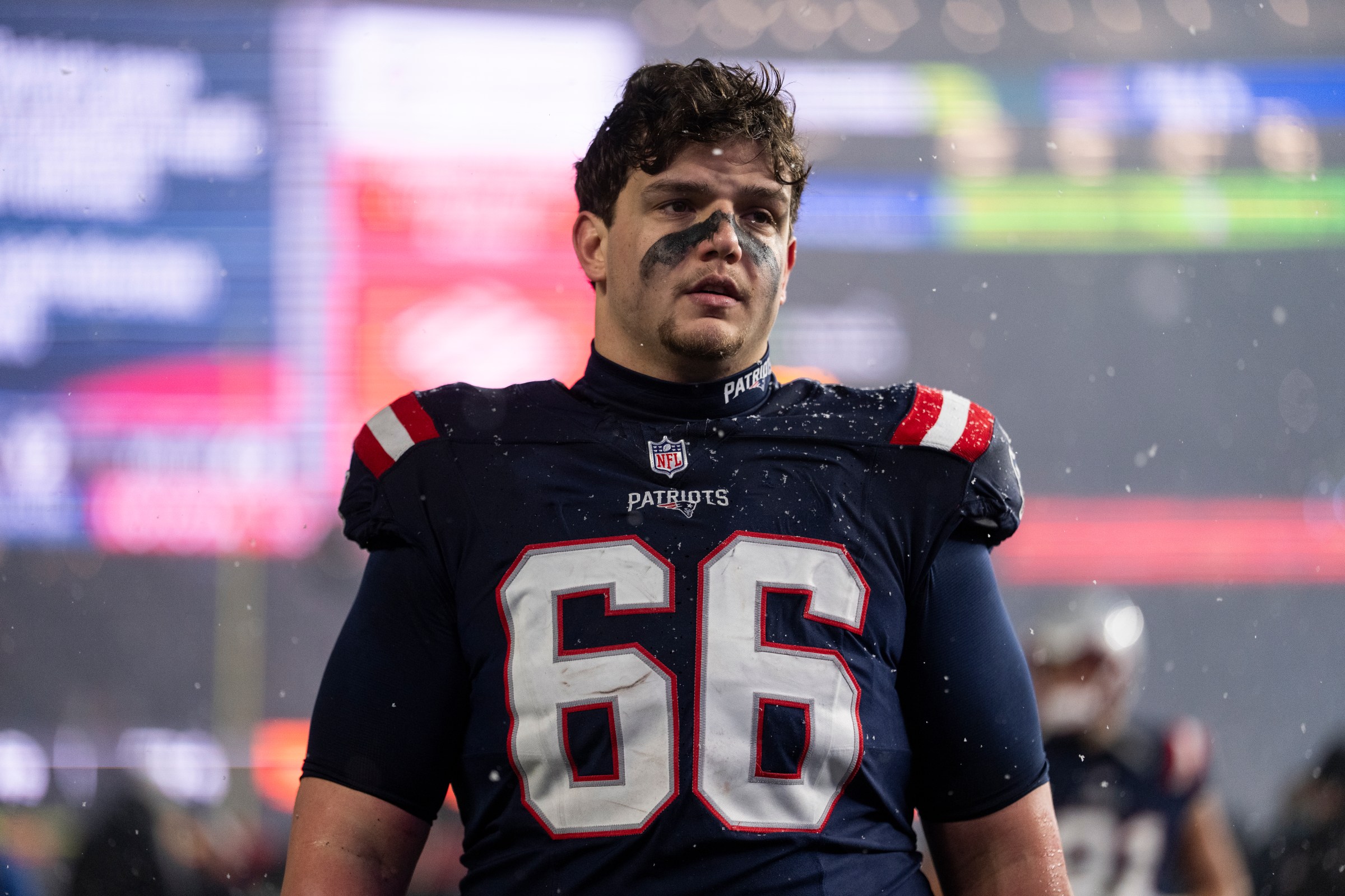 FOXBOROUGH, MASSACHUSETTS - JANUARY 18: Will Campbell #66 of the New England Patriots looks on following an NFC Divisional Playoff game against the Houston Texans at Gillette Stadium on January 18, 2026 in Foxborough, Massachusetts. (Photo by Michael Owens/Getty Images)