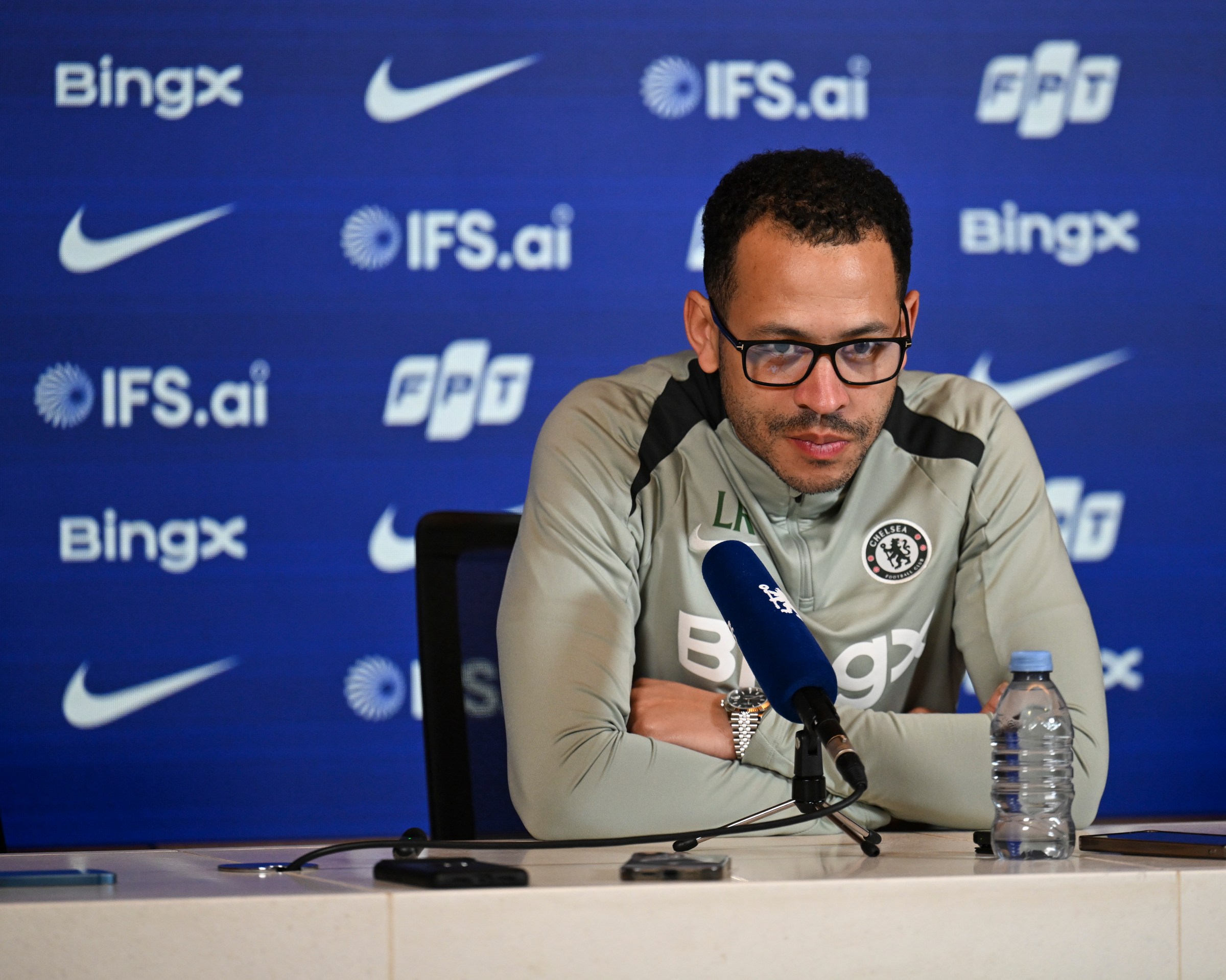 COBHAM, ENGLAND - FEBRUARY 27: Head Coach Liam Rosenior of Chelsea during a press conference at Chelsea Training Ground on February 27, 2026 in Cobham, England. (Photo by Darren Walsh/Chelsea FC via Getty Images)