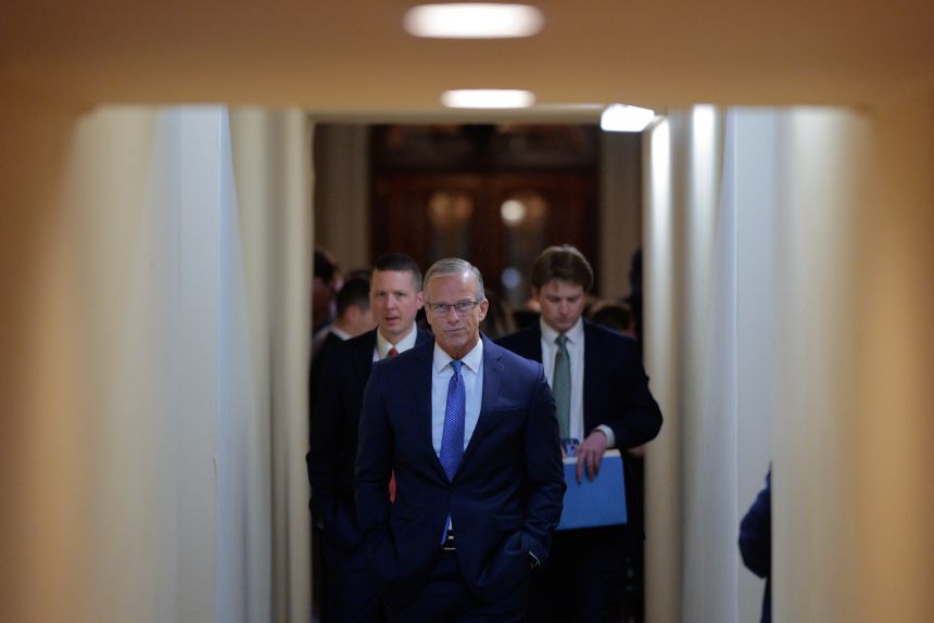 Senate Majority Leader John Thune returns to his office after speaking on the Senate Floor and talking with reporters at the US Capitol on March 11, 2026 in Washington, DC.