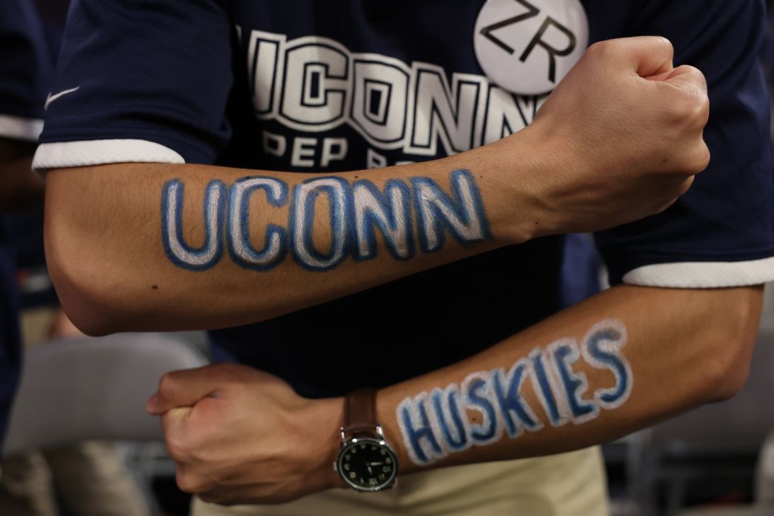 A member of the UConn Huskies band shows support prior to the game against the Notre Dame Fighting Irish on Sunday in Fort Worth, Texas.