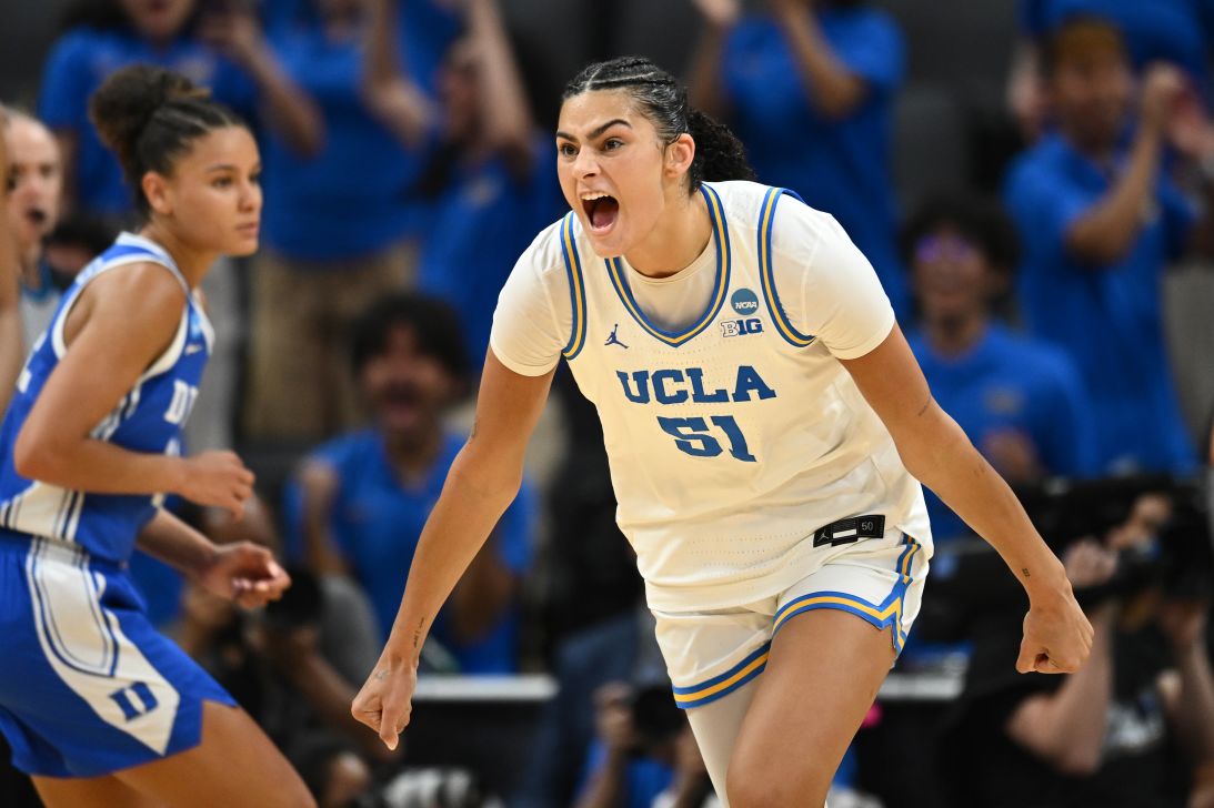 UCLA Bruins center Lauren Betts reacts against the Duke Blue Devils during the third quarter in the Elite Eight in Sacramento, California.