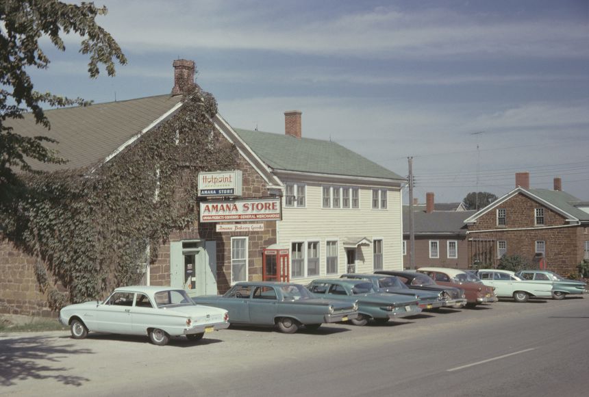 A general store in Amana, Iowa, selling bakery goods and Hotpoint appliances in 1961.