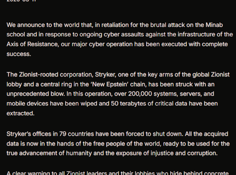  Iran-Backed Hackers Claim Wiper Attack on Medtech Firm Stryker – Krebs on Security