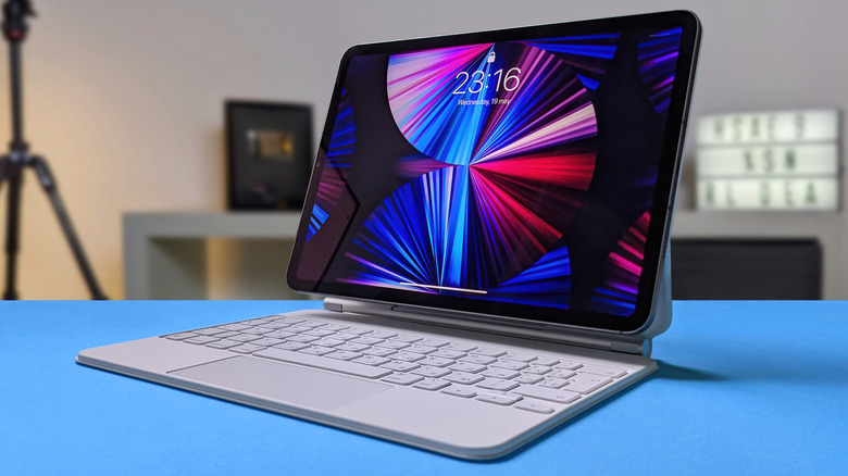 An iPad attached with a Magic Keyboard