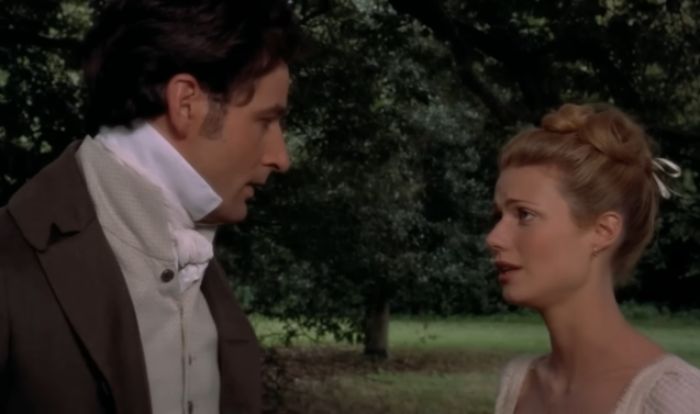 Period drama scene with a man and woman outdoors, evoking themes of Harvey Weinstein’s conflict with Gwyneth Paltrow.