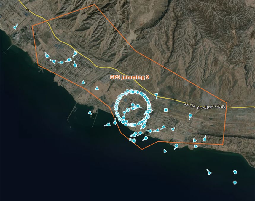 Interference is often easy to spot on vessel tracking maps, which may appear to show vessels in an affected area moving in perfect geometric “crop circles.”