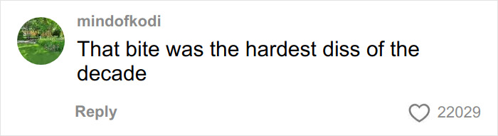 Comment text on social media by user mindofkodi reacting to Burger King boss biting into Whopper. Comment text on social media by user mindofkodi reacting to Burger King boss biting into Whopper.