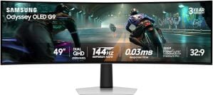 The 49-inch Samsung Odyssey OLED G9 (G91SD) gaming monitor on a white background